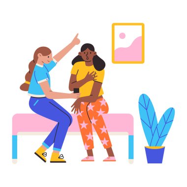 Düz tasarlanmış farklı pozlarda genç bir çift. Genç kız ve adam bir sandalyede oturup el sallıyorlar..