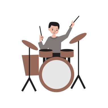 Genç adam beyaz arka planda davul çalıyor.