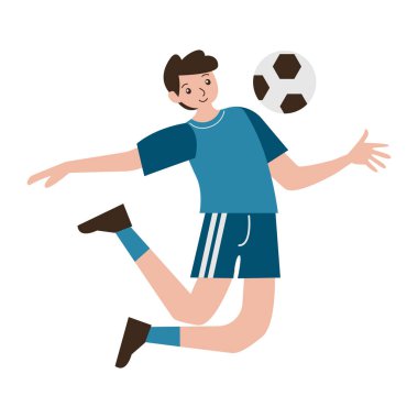 Futbol oynayan çocuk, beyaz arka planda izole edilmiş düz vektör çizimi.