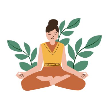 Beyaz arka planda yapraklarla yoga yapan bir kadın.