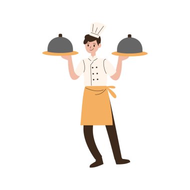 Tepsi ve tabakla aşçı.