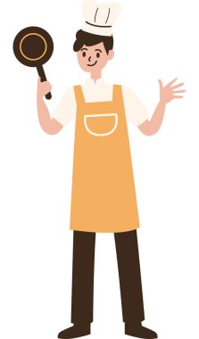 Üniformalı erkek şef elinde spatulayla kaşık tutuyor.