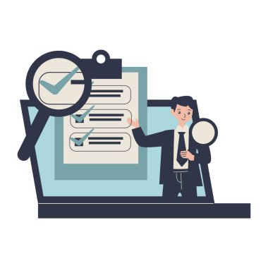 Büyütme cam vektör çizimine sahip iş adamı ve kontrol listesi