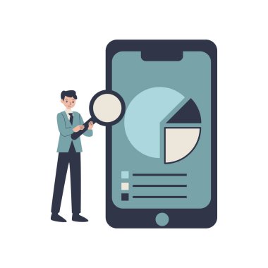 İşadamı akıllı telefon ve pasta grafiği grafik tasarımı ile büyüteç kullanıyor