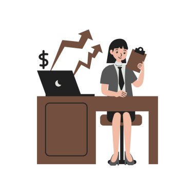 Dizüstü bilgisayar ve para vektör çizimi grafik tasarımı kullanan kadın