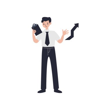 Elinde kamera tutan bir iş adamı. Düz bir şekilde vektör illüstrasyonu. beyaz arkaplan