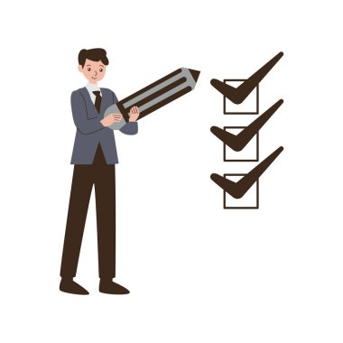 Kontrol listesi vektör illüstrasyonuna sahip iş adamı