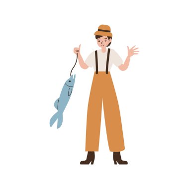 Balıklı balıkçı. Beyaz arkaplanda izole edilmiş vektör düz illüstrasyon.