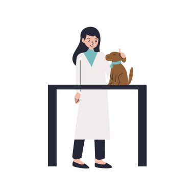 Kadın veteriner ve köpek ellerinde.