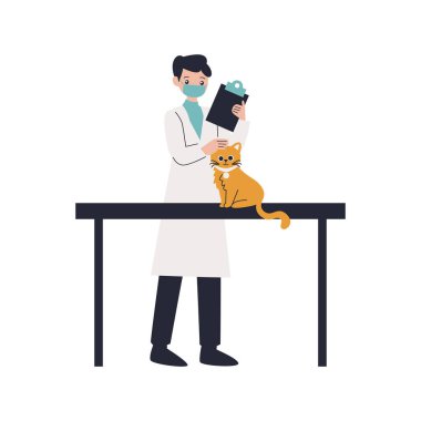 Veteriner doktor, veteriner kliniği vektör illüstrasyonunda kediyi inceliyor.