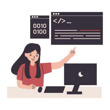Bilgisayarlı ve kodlama vektörü illüstrasyonlu genç kadın