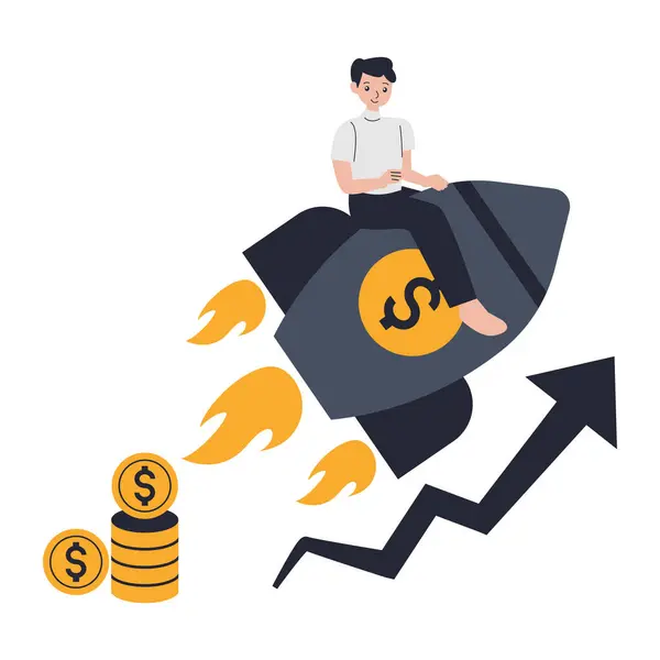 Paralar vektör çizimi, iş dünyası finans piyasası ve yatırım içeren kağıt torba içinde uçan iş adamı