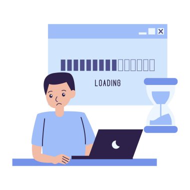 Dizüstü bilgisayarı ve kum saati olan adam.