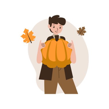 Cadılar bayramın kutlu olsun. Balkabağı tutan mutlu çocuk. sonbahar vektör illüstrasyonu.