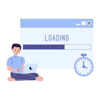 dizüstü bilgisayarı ve yüklemesi olan adam, İnternet ve web sitesi vektörü