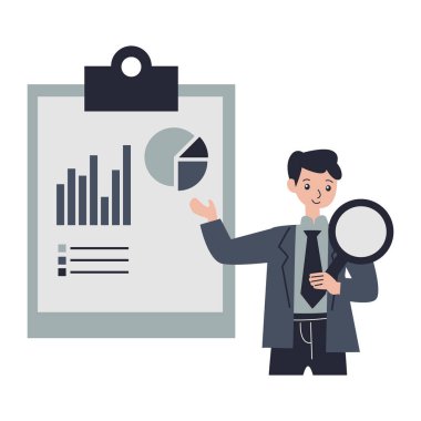 Büyüteç ve istatistik vektör illüstrasyon tasarımına sahip iş adamı