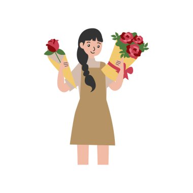 Bir demet çiçek ve buket tutan bir kadın.