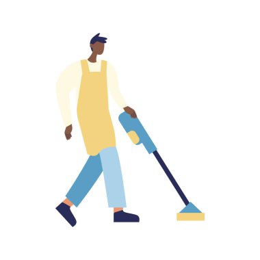 Beyaz arka planda elektrikli süpürgesi olan bir adam.