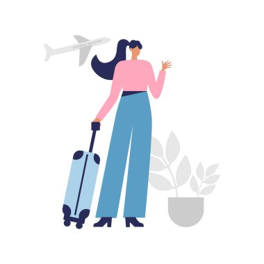 Bavulu ve uçağı olan bir kadın.