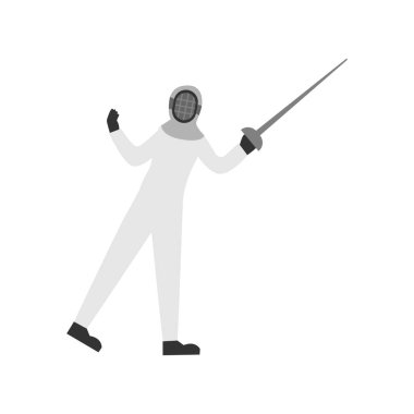 Kılıç tutan eskrim kıyafetli bir adam.