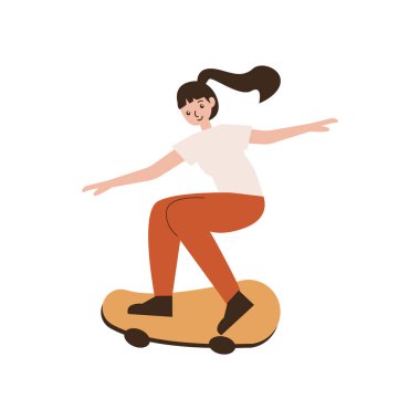 Beyaz arka planda kaykay süren bir kadın.