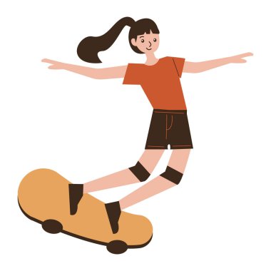 Kolları açık kaykay süren bir kız.