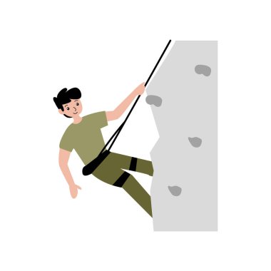 Bir adam halatla kaya duvarına tırmanıyor.