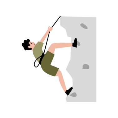 Bir adam halatla kaya duvarına tırmanıyor.