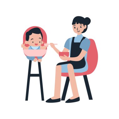 Bebeği kaşıkla besleyen bir kadın.