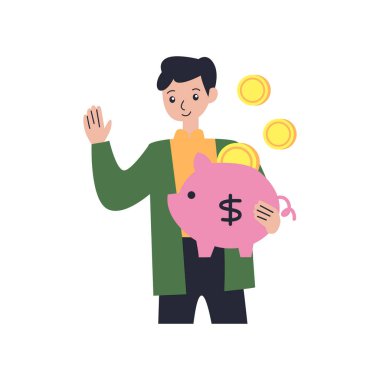 Bir adam kumbarasını elinde tutuyor ve içinden dolar işareti çıkıyor.