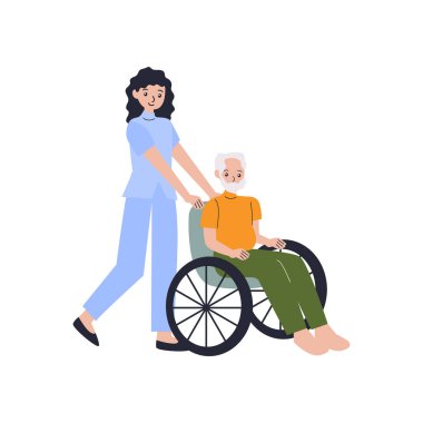 Bir kadın tekerlekli sandalyedeki bir adama yardım ediyor.