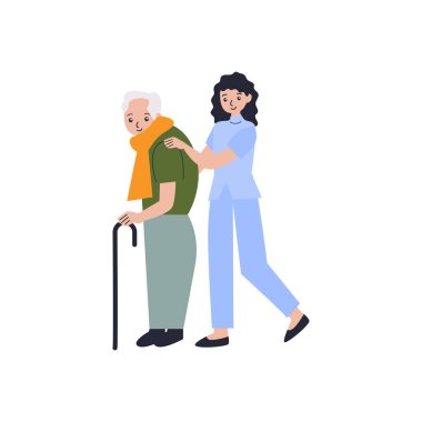 Yaşlı bir kadına bastonuyla yardım eden bir kadın.