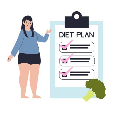 Bir diyet planının yanında duran bir kadın.