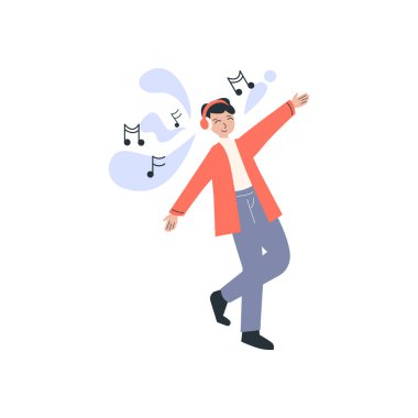 Müzik notalarıyla dans eden kulaklıklı bir adam.