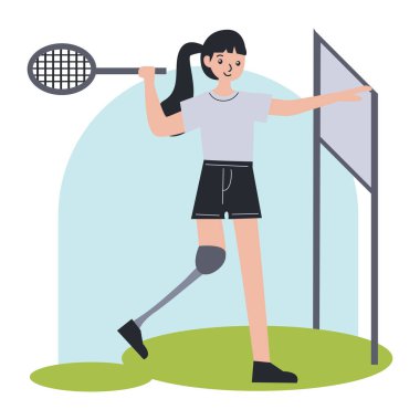 Tenis raketi tutan protez bacaklı bir kadın.