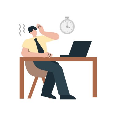 Dizüstü bilgisayarı ve arka planda saati olan bir adam.