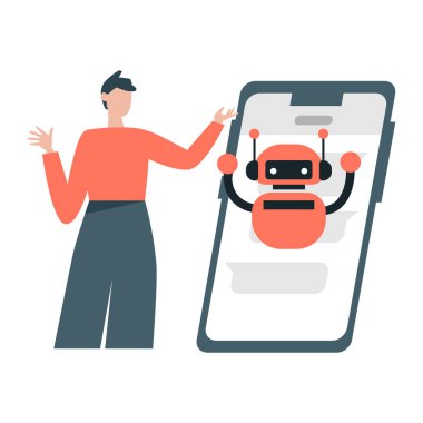 Üzerinde robot olan bir telefonun yanında duran bir adam.