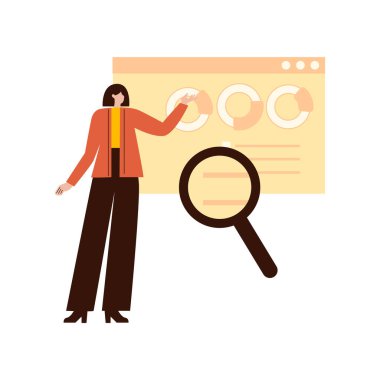 Bir kadın elinde büyüteçle bir web sitesi sayfasına bakıyor.