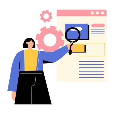 Bir kadın elinde büyüteçle bir web sitesi sayfasına bakıyor.