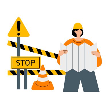 Elinde harita ve inşaat konisi tutan bir adam.