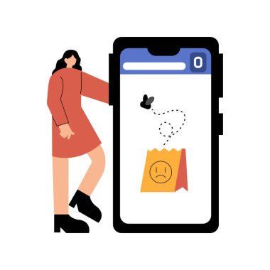 Üstünde alışveriş çantası olan telefona bakan bir kadın.