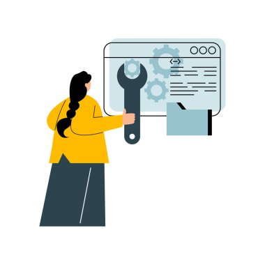 İngiliz anahtarı ve kağıt parçası tutan bir kadın.