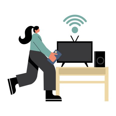 Bir kadın televizyonun önünde duruyor.