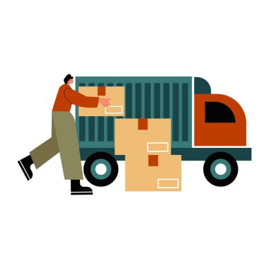 Kamyonda kutu taşıyan bir adam.