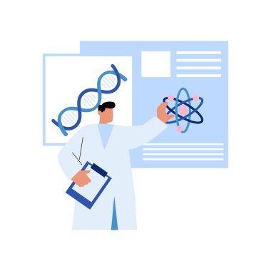 Laboratuvar önlüklü bir adam elinde bir pano ve bir molekül modeli tutuyor.