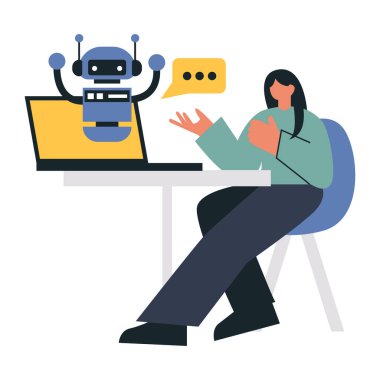 Dizüstü bilgisayarı ve kucağında bir robotla masada oturan bir kadın.