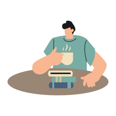 Bir adam bir fincan kahveyle masada oturuyor.