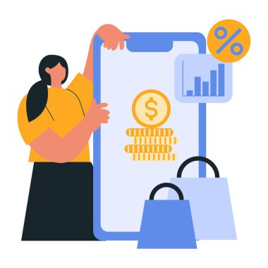 Cep telefonu çantası tutan bir kadının vektör çizimi