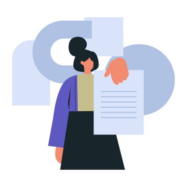 kadın karakter elinde pano ile belge tutuyor