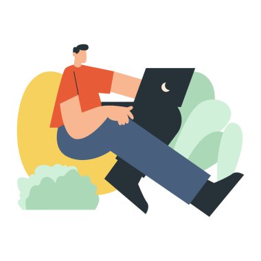 Adam sandalyeli dizüstü bilgisayar kullanıyor